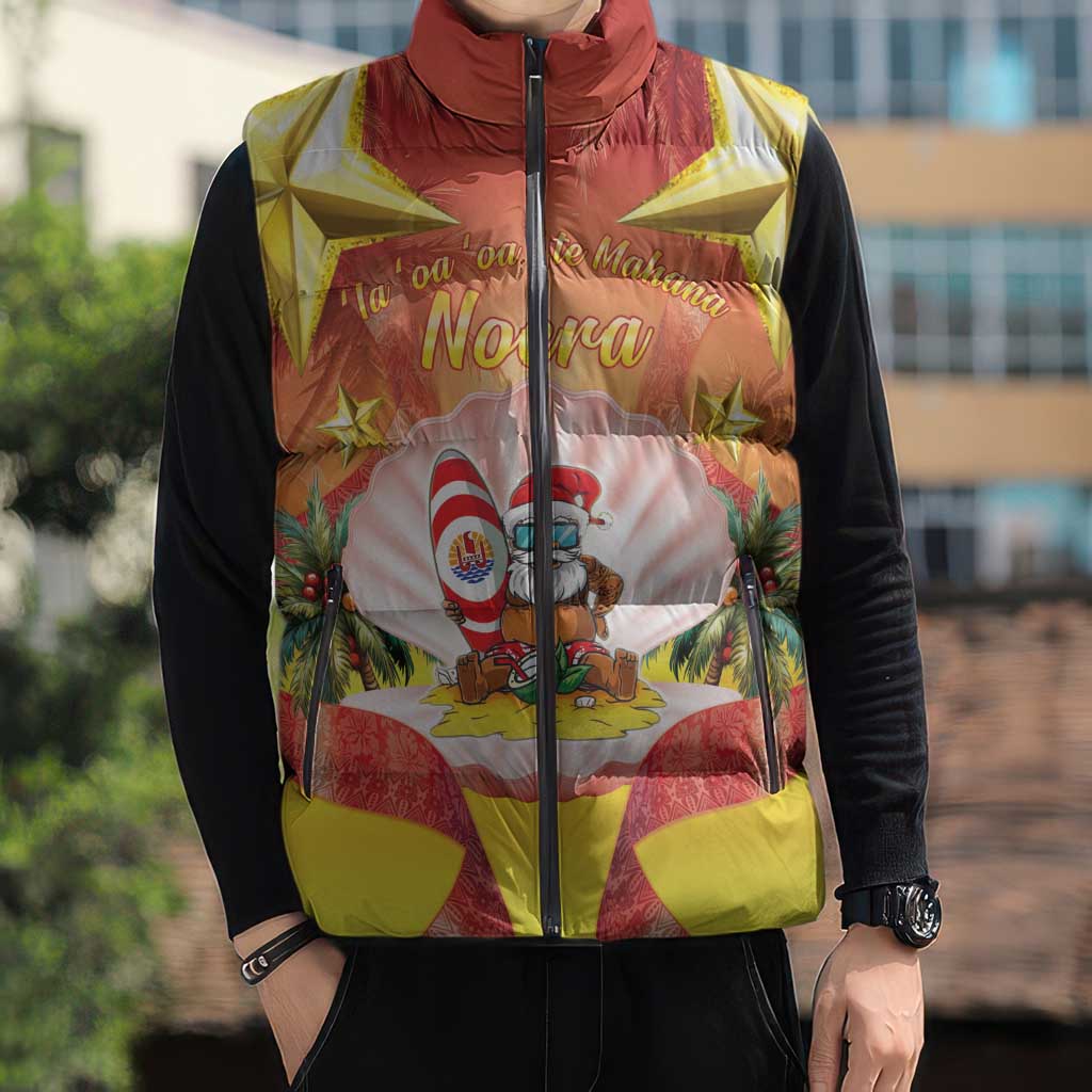 French Polynesia Christmas Sleeveless Puffer Jacket Seashell Santa Beach Vibes - Polynesian Pride