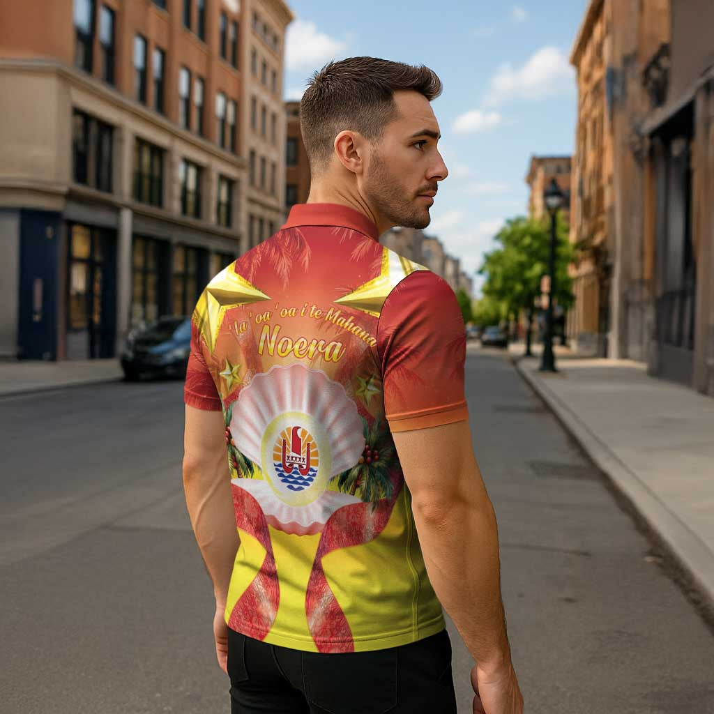 French Polynesia Christmas Zipper Polo Shirt Seashell Santa Beach Vibes - Polynesian Pride