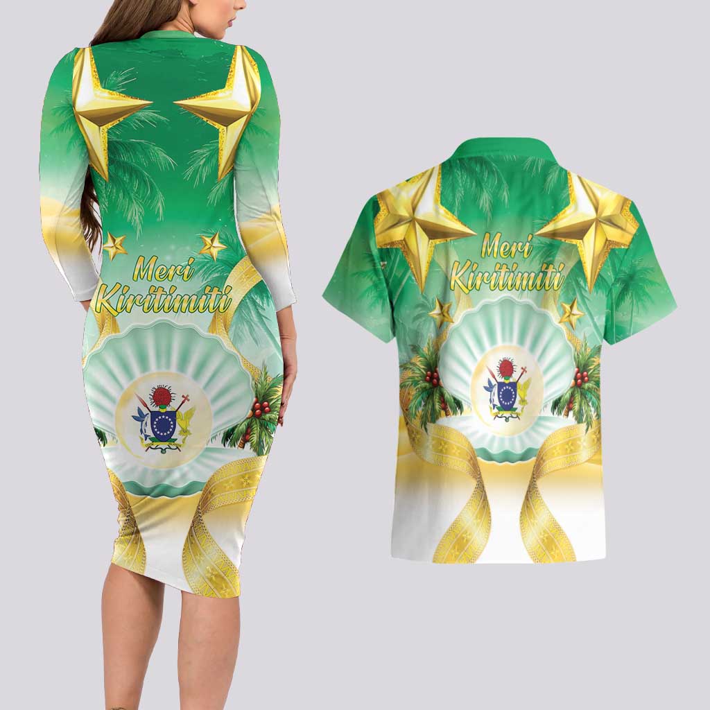 Cook Islands Christmas Couples Matching Long Sleeve Bodycon Dress and Hawaiian Shirt Seashell Santa Beach Vibes - Polynesian Pride