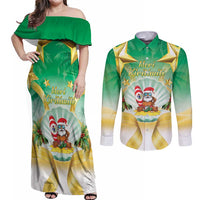 Cook Islands Christmas Couples Matching Off Shoulder Maxi Dress and Long Sleeve Button Shirt Seashell Santa Beach Vibes - Polynesian Pride