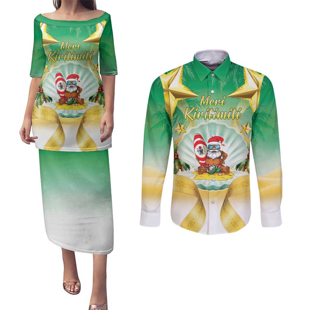 Cook Islands Christmas Couples Matching Puletasi and Long Sleeve Button Shirt Seashell Santa Beach Vibes - Polynesian Pride
