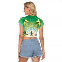 Cook Islands Christmas Raglan Cropped T Shirt Seashell Santa Beach Vibes - Polynesian Pride
