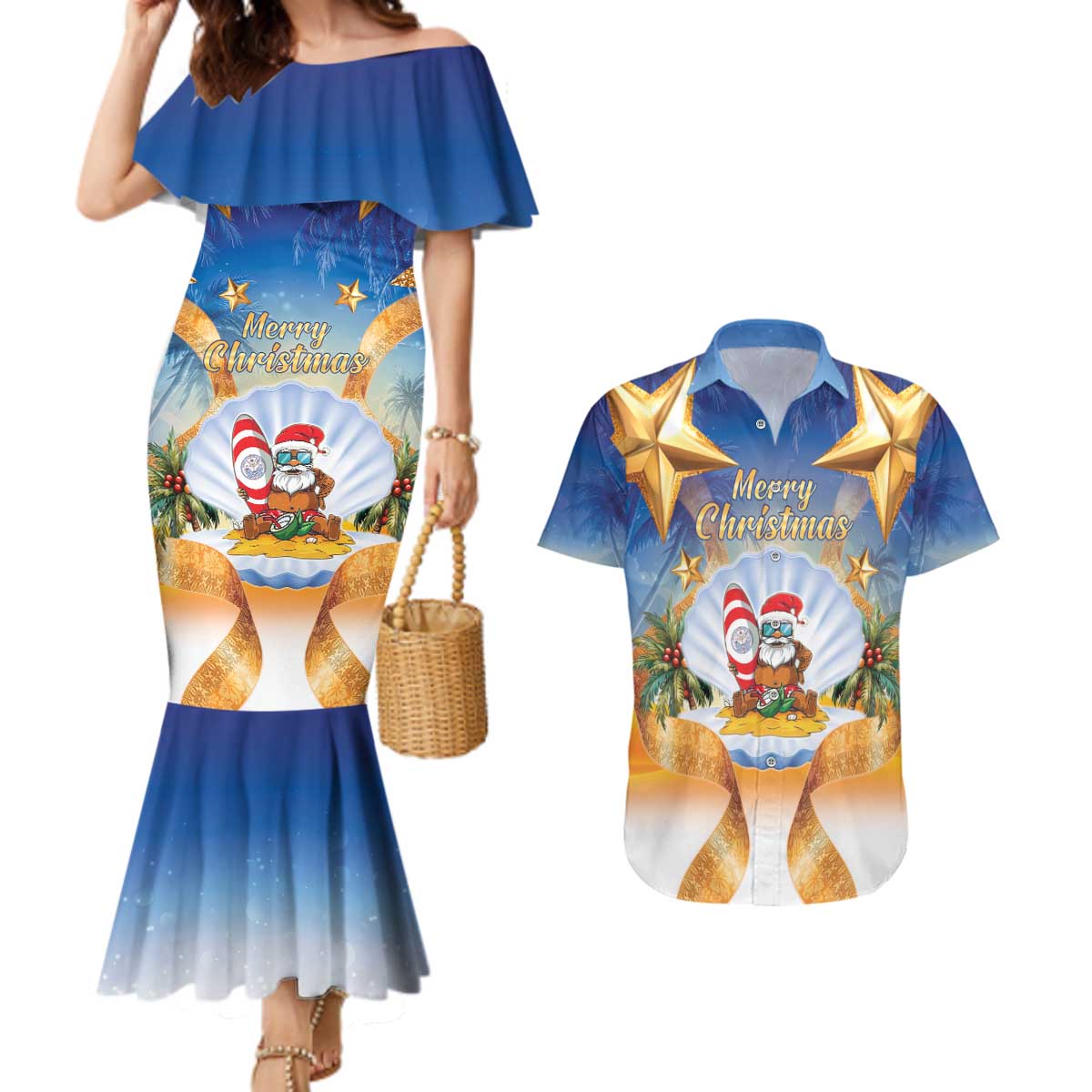 Marshall Islands Christmas Couples Matching Mermaid Dress and Hawaiian Shirt Seashell Santa Beach Vibes - Polynesian Pride
