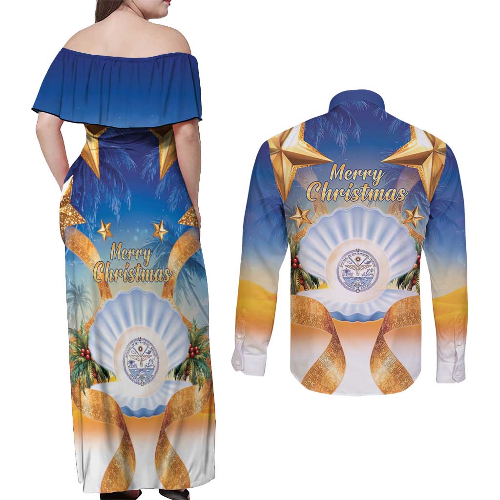 Marshall Islands Christmas Couples Matching Off Shoulder Maxi Dress and Long Sleeve Button Shirt Seashell Santa Beach Vibes - Polynesian Pride