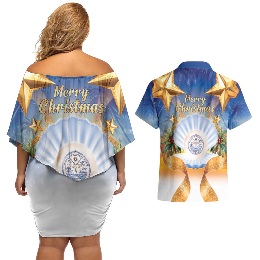 Marshall Islands Christmas Couples Matching Off Shoulder Short Dress and Hawaiian Shirt Seashell Santa Beach Vibes - Polynesian Pride