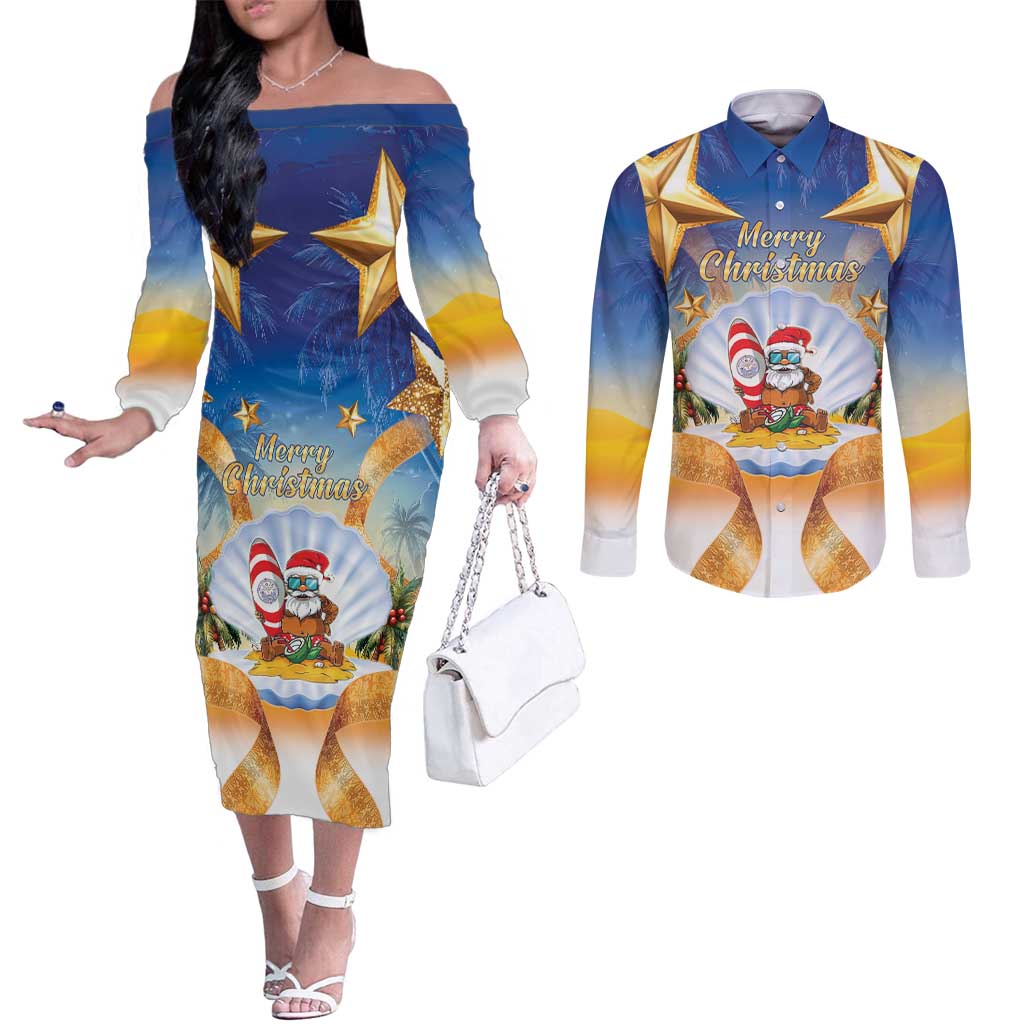 Marshall Islands Christmas Couples Matching Off The Shoulder Long Sleeve Dress and Long Sleeve Button Shirt Seashell Santa Beach Vibes - Polynesian Pride