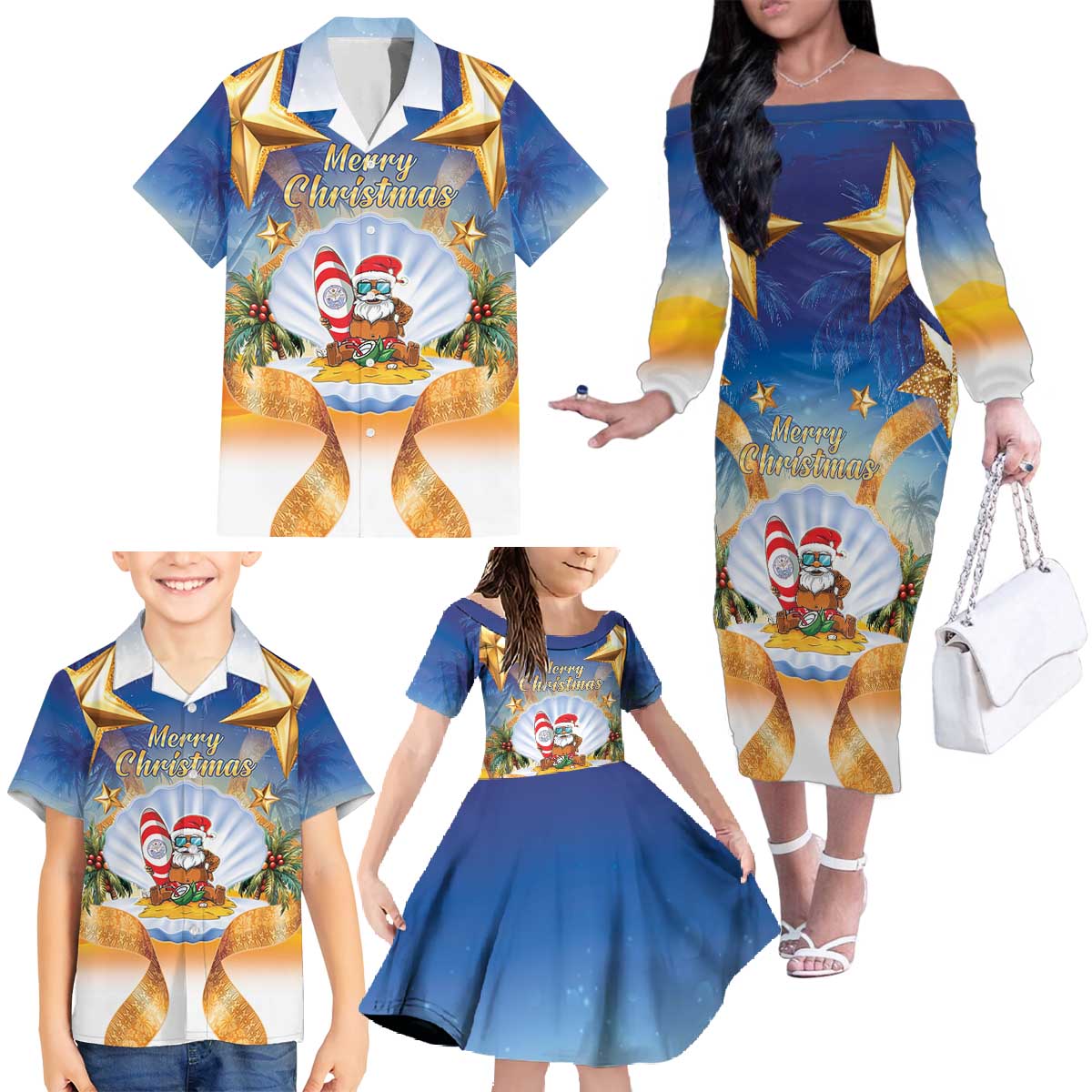 Marshall Islands Christmas Family Matching Off The Shoulder Long Sleeve Dress and Hawaiian Shirt Seashell Santa Beach Vibes - Polynesian Pride