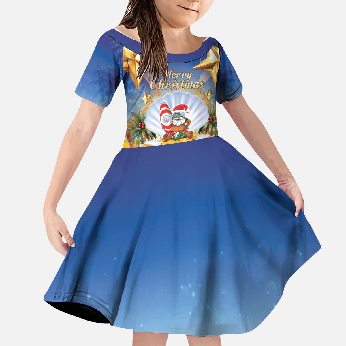 Marshall Islands Christmas Kid Short Sleeve Dress Seashell Santa Beach Vibes - Polynesian Pride