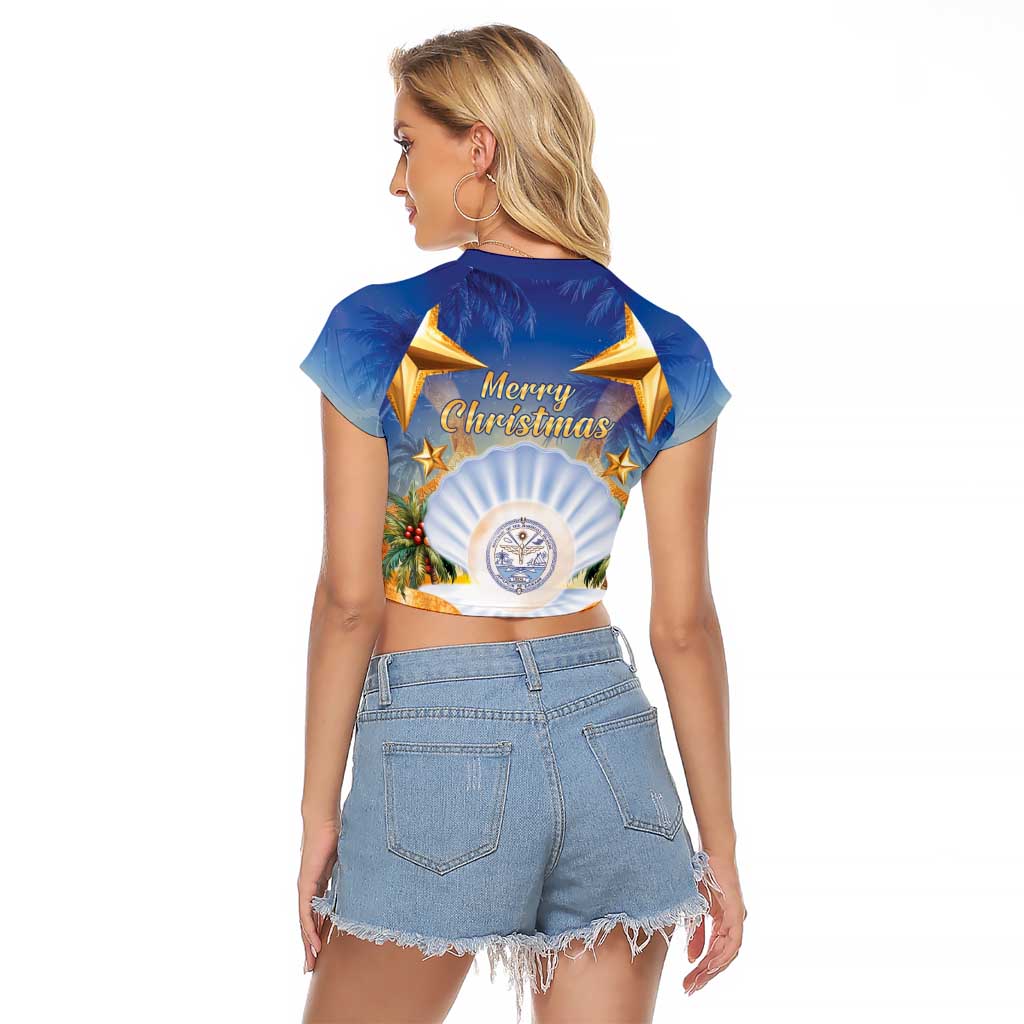 Marshall Islands Christmas Raglan Cropped T Shirt Seashell Santa Beach Vibes - Polynesian Pride