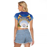 Marshall Islands Christmas Raglan Cropped T Shirt Seashell Santa Beach Vibes - Polynesian Pride