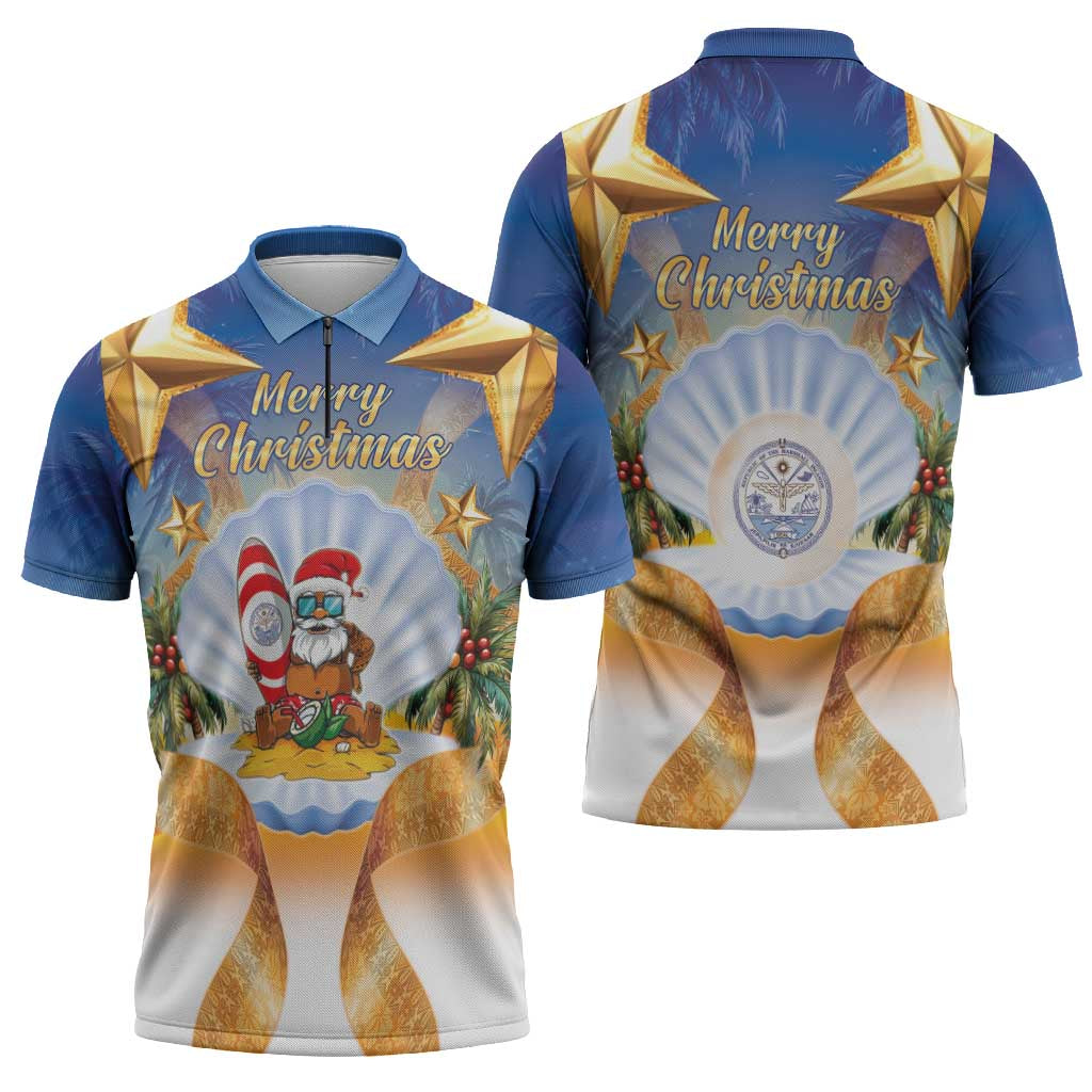 Marshall Islands Christmas Zipper Polo Shirt Seashell Santa Beach Vibes - Polynesian Pride