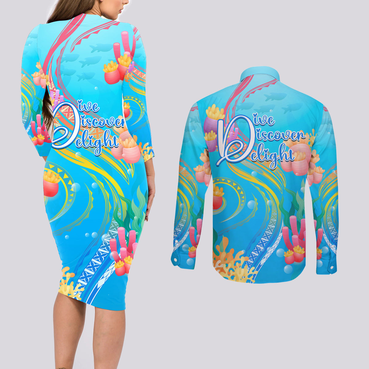 Under The Sea Scuba Diving Couples Matching Long Sleeve Bodycon Dress and Long Sleeve Button Shirt Polynesian Pattern LT05 - Polynesian Pride