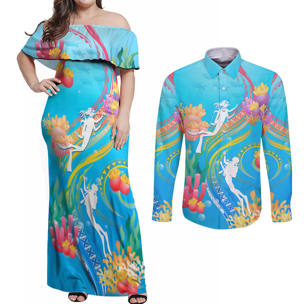 Under The Sea Scuba Diving Couples Matching Off Shoulder Maxi Dress and Long Sleeve Button Shirt Polynesian Pattern LT05 Blue - Polynesian Pride