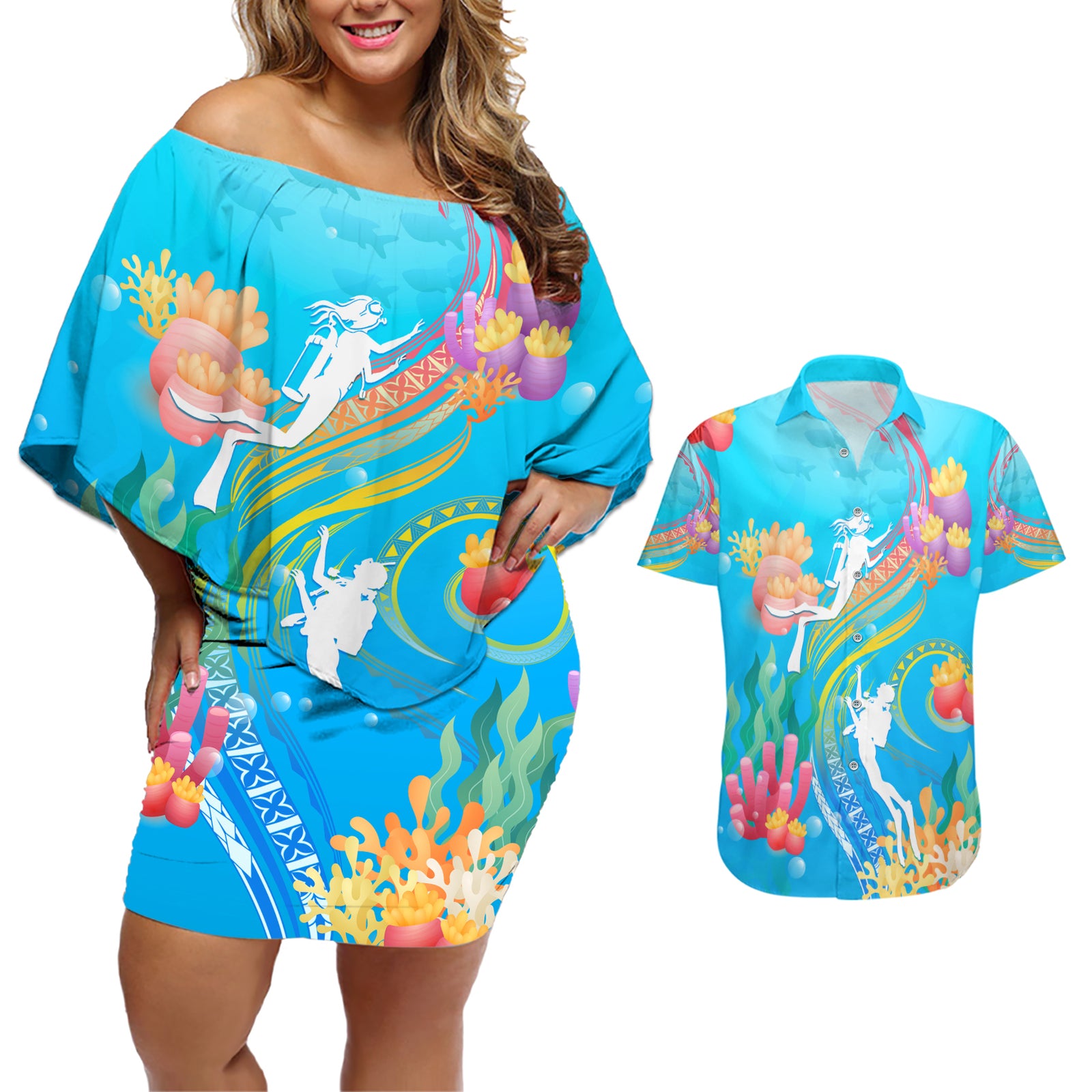 Under The Sea Scuba Diving Couples Matching Off Shoulder Short Dress and Hawaiian Shirt Polynesian Pattern LT05 Blue - Polynesian Pride