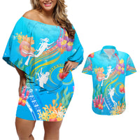 Under The Sea Scuba Diving Couples Matching Off Shoulder Short Dress and Hawaiian Shirt Polynesian Pattern LT05 Blue - Polynesian Pride