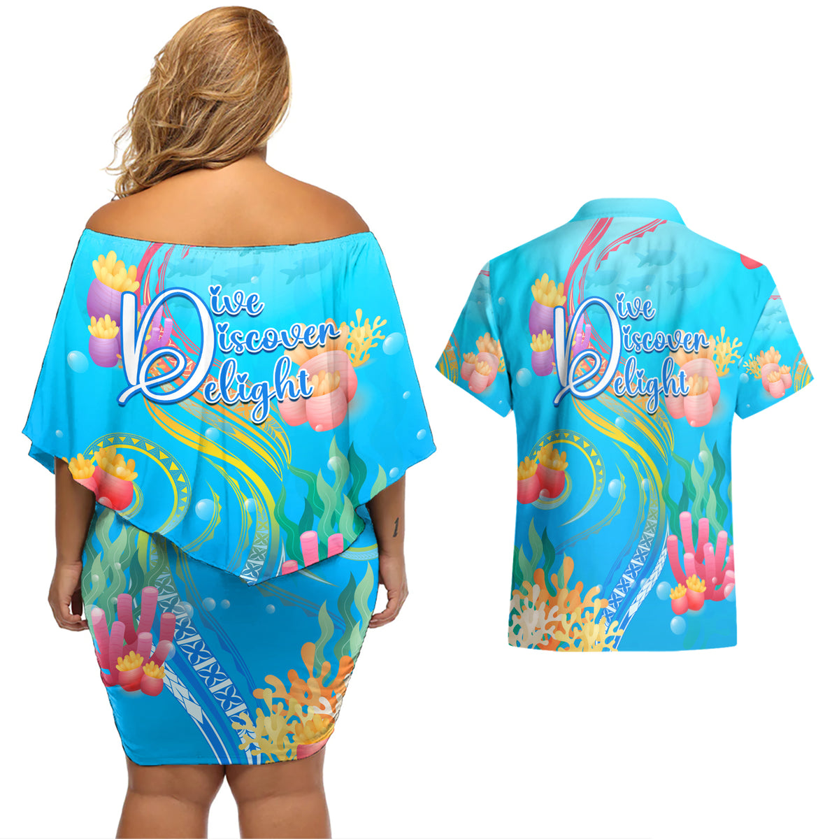 Under The Sea Scuba Diving Couples Matching Off Shoulder Short Dress and Hawaiian Shirt Polynesian Pattern LT05 - Polynesian Pride