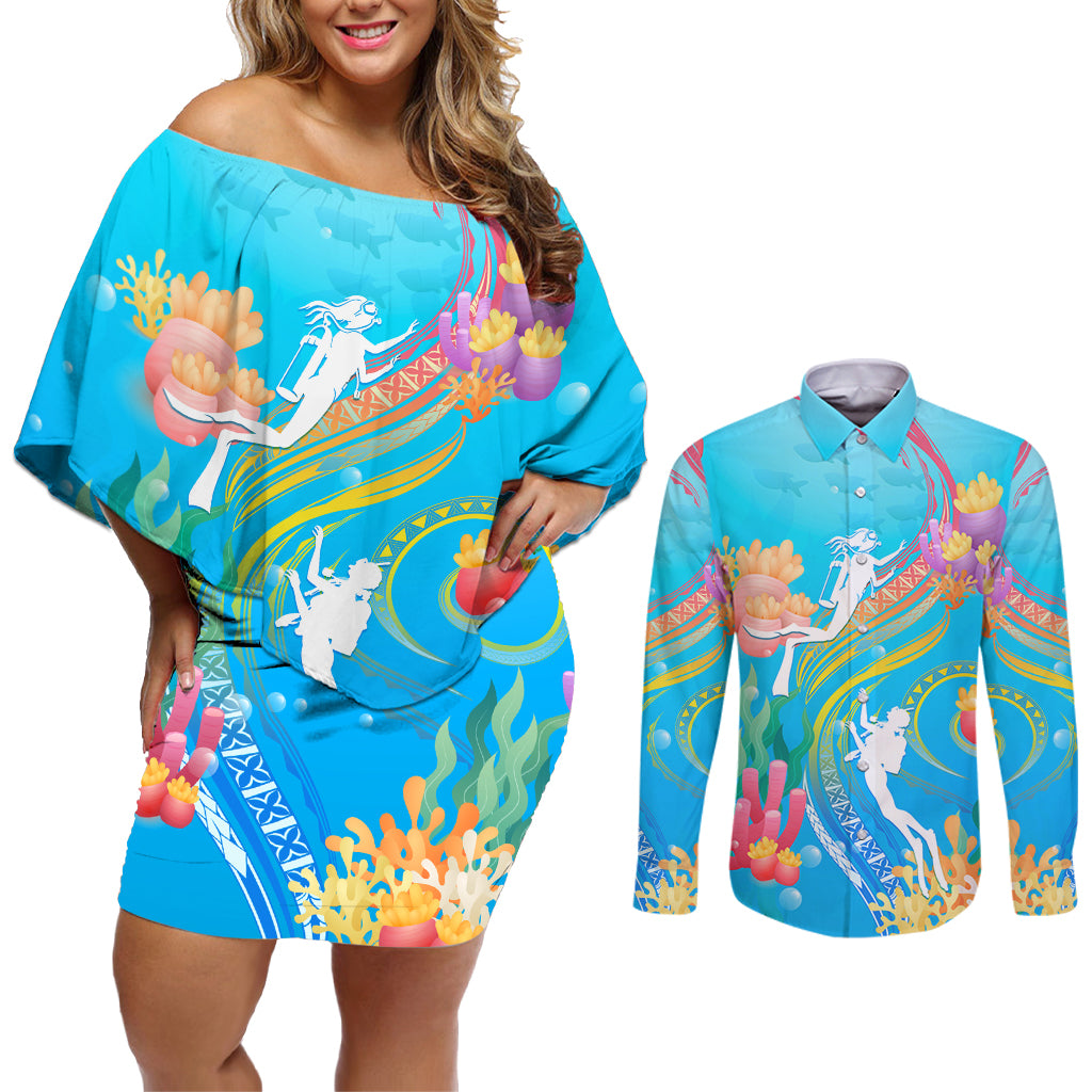 Under The Sea Scuba Diving Couples Matching Off Shoulder Short Dress and Long Sleeve Button Shirt Polynesian Pattern LT05 Blue - Polynesian Pride