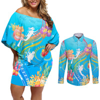 Under The Sea Scuba Diving Couples Matching Off Shoulder Short Dress and Long Sleeve Button Shirt Polynesian Pattern LT05 Blue - Polynesian Pride