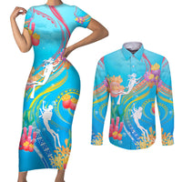 Under The Sea Scuba Diving Couples Matching Short Sleeve Bodycon Dress and Long Sleeve Button Shirt Polynesian Pattern LT05 Blue - Polynesian Pride