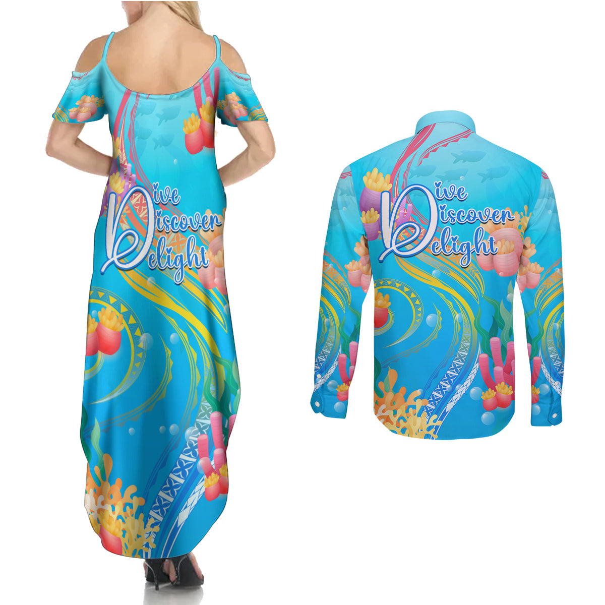 Under The Sea Scuba Diving Couples Matching Summer Maxi Dress and Long Sleeve Button Shirt Polynesian Pattern LT05 - Polynesian Pride