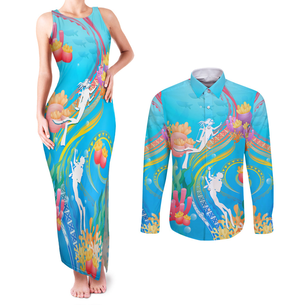 Under The Sea Scuba Diving Couples Matching Tank Maxi Dress and Long Sleeve Button Shirt Polynesian Pattern LT05 Blue - Polynesian Pride