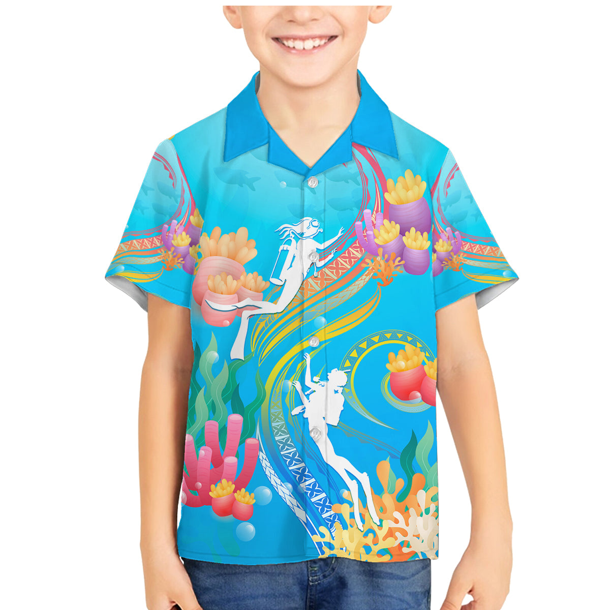 Under The Sea Scuba Diving Family Matching Mermaid Dress and Hawaiian Shirt Polynesian Pattern LT05 Son's Shirt Blue - Polynesian Pride
