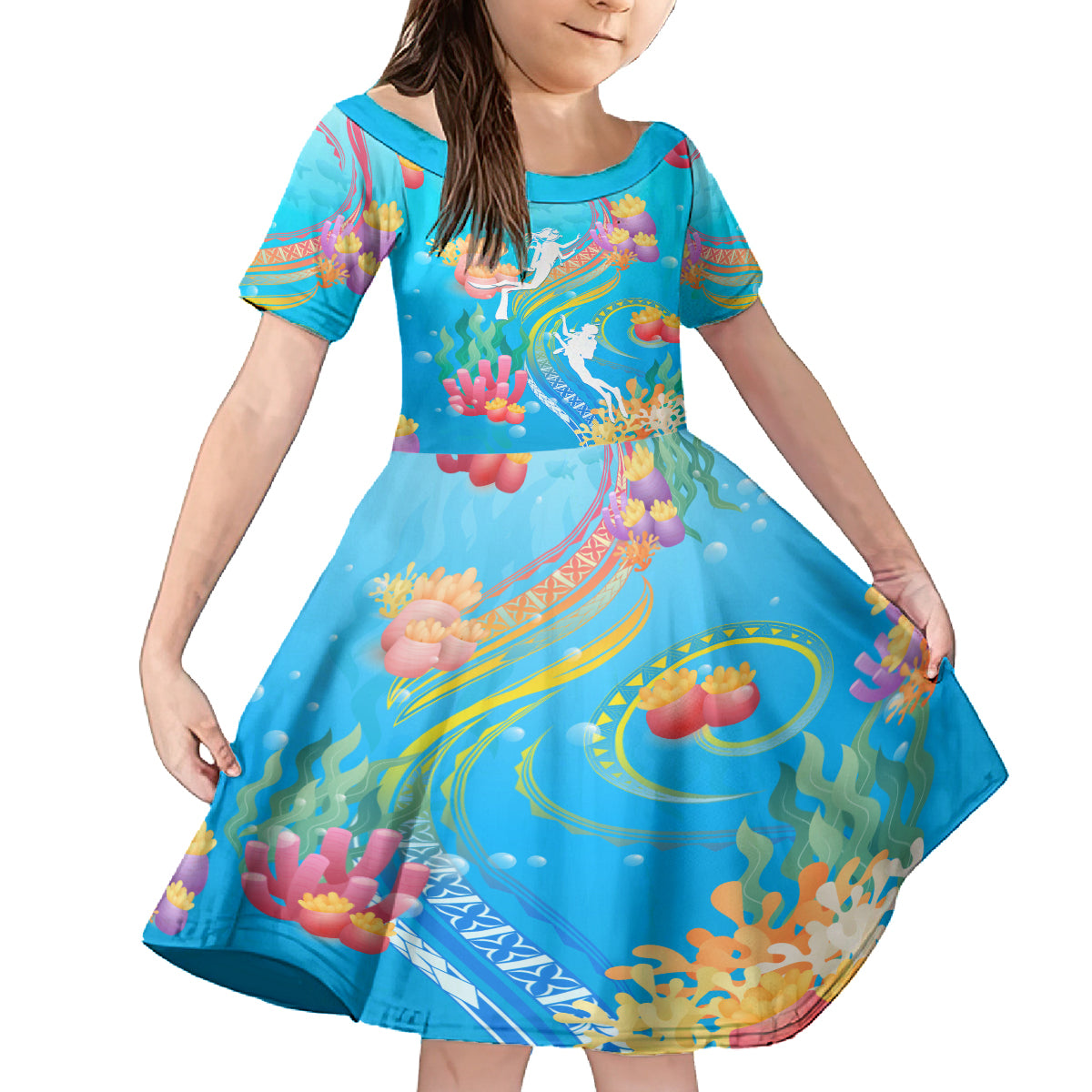 Under The Sea Scuba Diving Family Matching Tank Maxi Dress and Hawaiian Shirt Polynesian Pattern LT05 Daughter's Dress Blue - Polynesian Pride