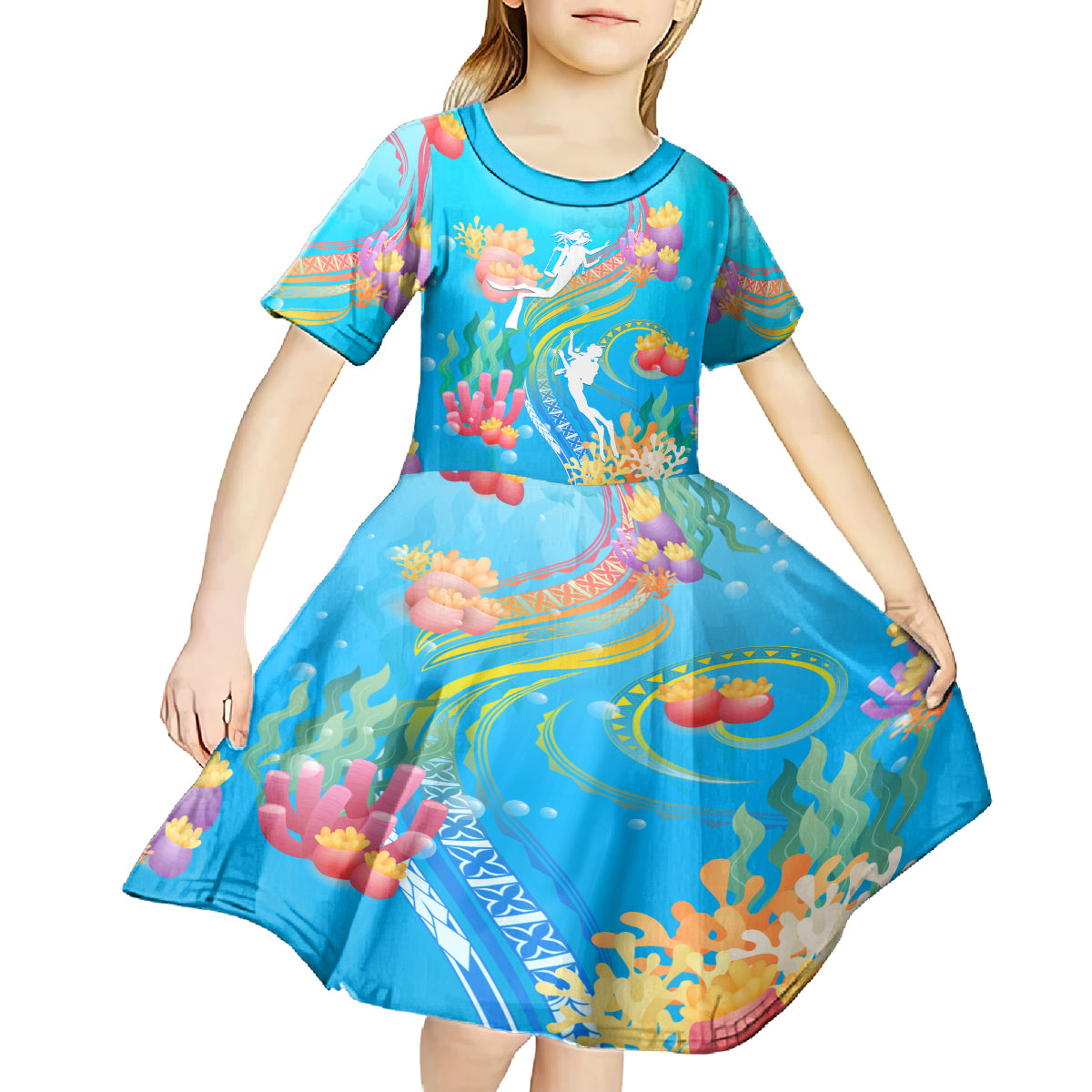 Under The Sea Scuba Diving Kid Short Sleeve Dress Polynesian Pattern LT05 - Polynesian Pride