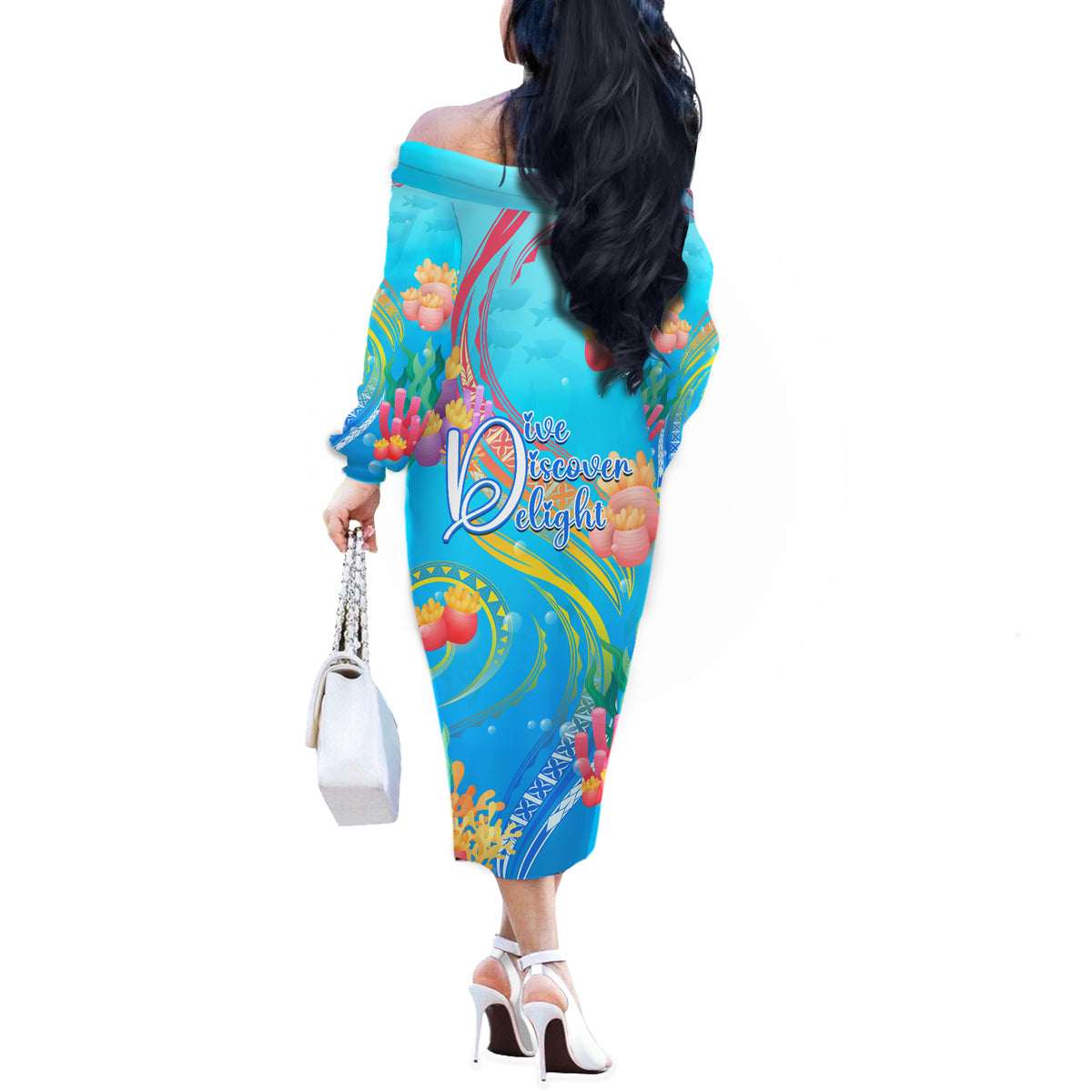 Under The Sea Scuba Diving Off The Shoulder Long Sleeve Dress Polynesian Pattern LT05 - Polynesian Pride