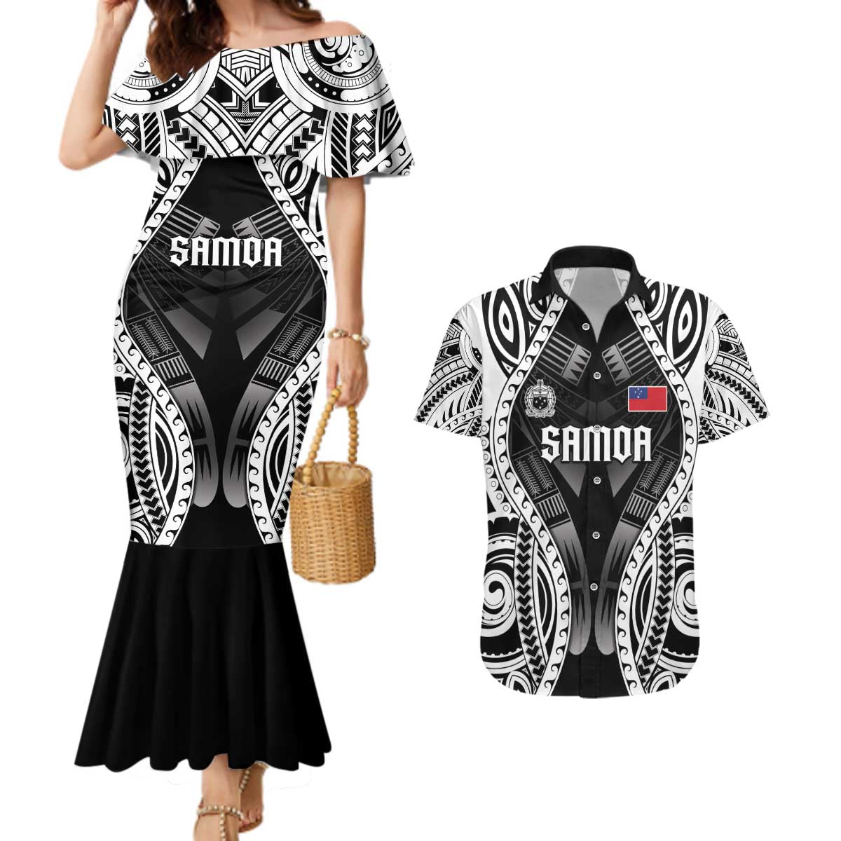 Personalised Remember Samoa Black Saturday Couples Matching Mermaid Dress and Hawaiian Shirt Samoa Mo Samoa - Polynesian Pride