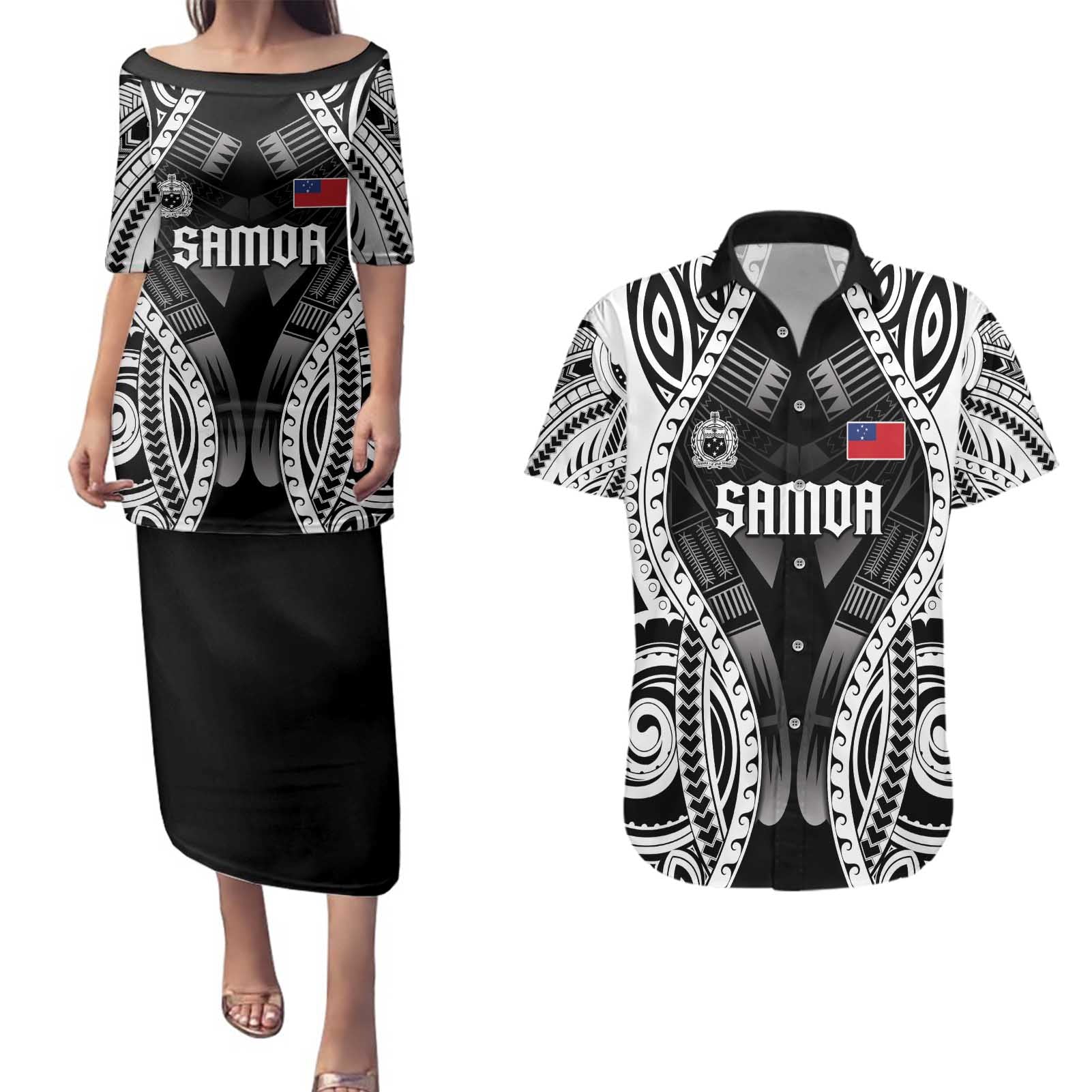 Personalised Remember Samoa Black Saturday Couples Matching Puletasi and Hawaiian Shirt Samoa Mo Samoa - Polynesian Pride
