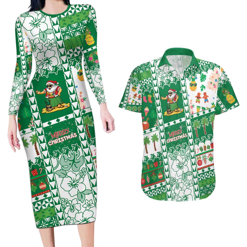 Norfolk Island Christmas Couples Matching Long Sleeve Bodycon Dress and Hawaiian Shirt Festive Beach Vibes - Polynesian Pride