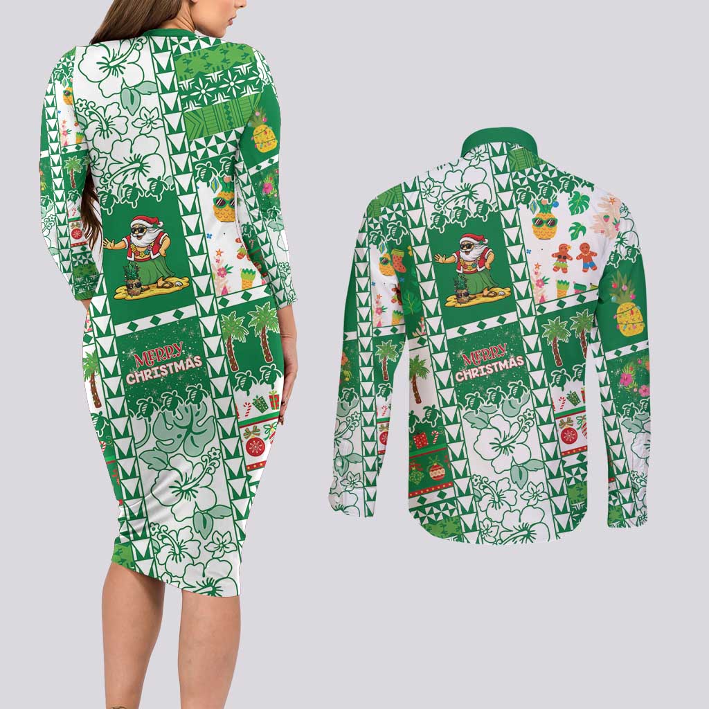 Norfolk Island Christmas Couples Matching Long Sleeve Bodycon Dress and Long Sleeve Button Shirt Festive Beach Vibes - Polynesian Pride