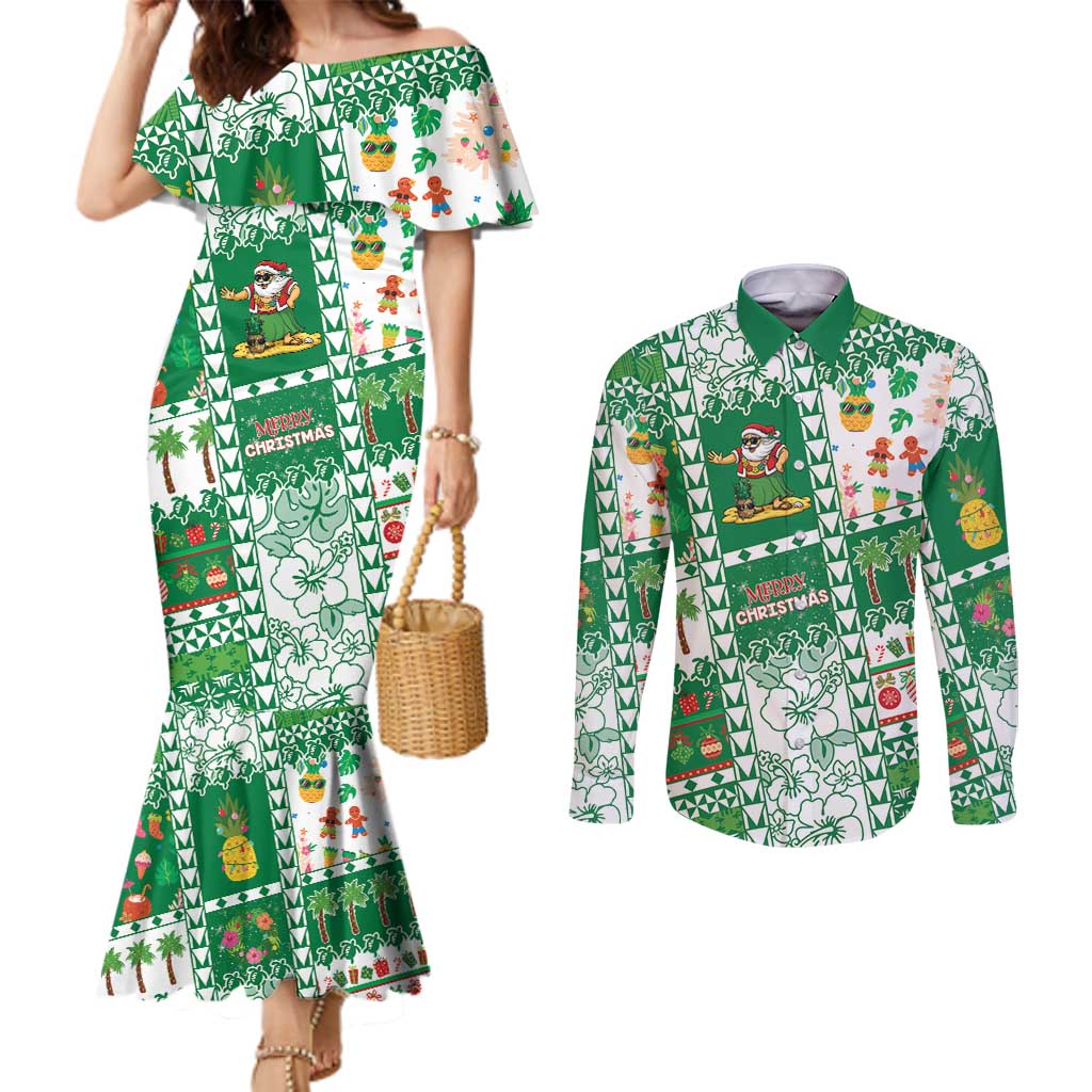 Norfolk Island Christmas Couples Matching Mermaid Dress and Long Sleeve Button Shirt Festive Beach Vibes - Polynesian Pride