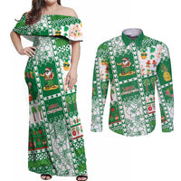 Norfolk Island Christmas Couples Matching Off Shoulder Maxi Dress and Long Sleeve Button Shirt Festive Beach Vibes - Polynesian Pride