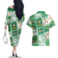 Norfolk Island Christmas Couples Matching Off The Shoulder Long Sleeve Dress and Hawaiian Shirt Festive Beach Vibes - Polynesian Pride