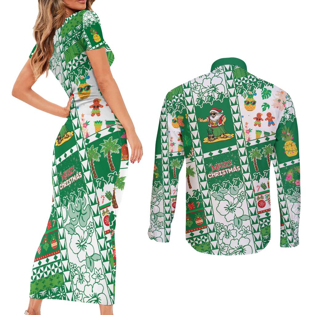 Norfolk Island Christmas Couples Matching Short Sleeve Bodycon Dress and Long Sleeve Button Shirt Festive Beach Vibes - Polynesian Pride