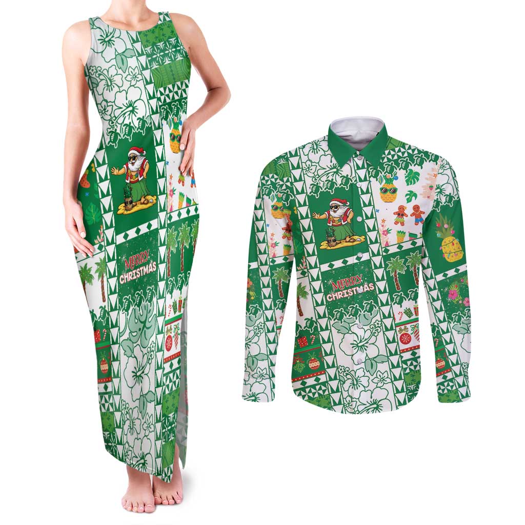 Norfolk Island Christmas Couples Matching Tank Maxi Dress and Long Sleeve Button Shirt Festive Beach Vibes - Polynesian Pride