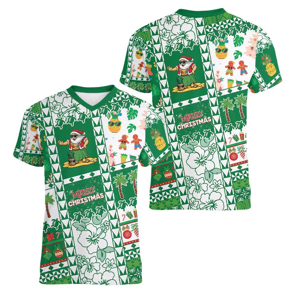 Norfolk Island Christmas Women V-Neck T-Shirt Festive Beach Vibes - Polynesian Pride