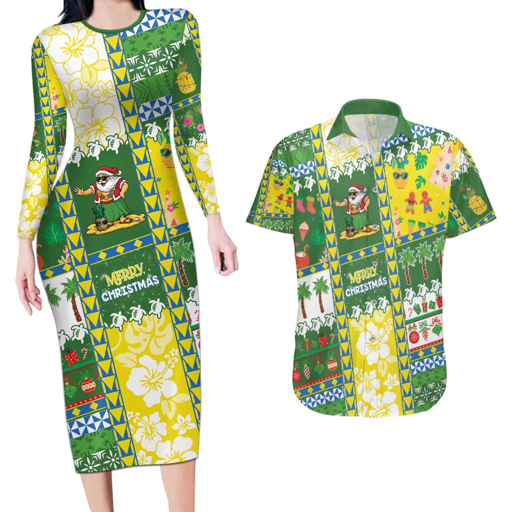 Pitcairn Islands Christmas Couples Matching Long Sleeve Bodycon Dress and Hawaiian Shirt Festive Beach Vibes - Polynesian Pride