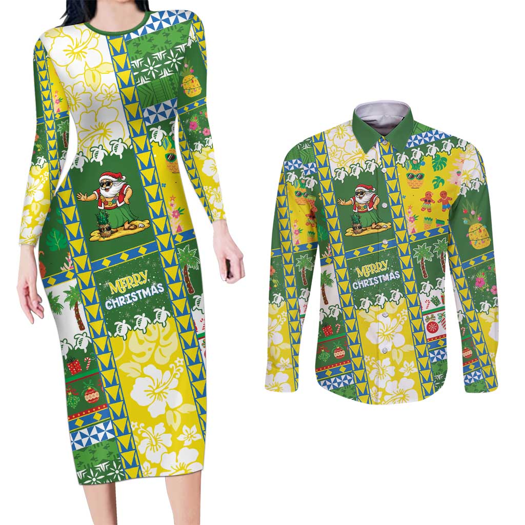 Pitcairn Islands Christmas Couples Matching Long Sleeve Bodycon Dress and Long Sleeve Button Shirt Festive Beach Vibes - Polynesian Pride
