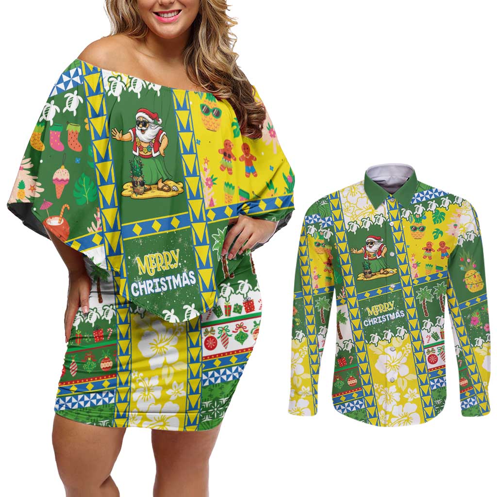 Pitcairn Islands Christmas Couples Matching Off Shoulder Short Dress and Long Sleeve Button Shirt Festive Beach Vibes - Polynesian Pride