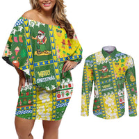 Pitcairn Islands Christmas Couples Matching Off Shoulder Short Dress and Long Sleeve Button Shirt Festive Beach Vibes - Polynesian Pride