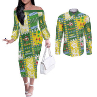 Pitcairn Islands Christmas Couples Matching Off The Shoulder Long Sleeve Dress and Long Sleeve Button Shirt Festive Beach Vibes - Polynesian Pride