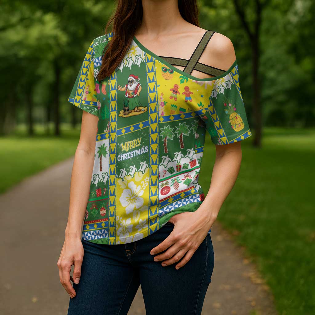 Pitcairn Islands Christmas Cross Shoulder Shirt Festive Beach Vibes - Polynesian Pride