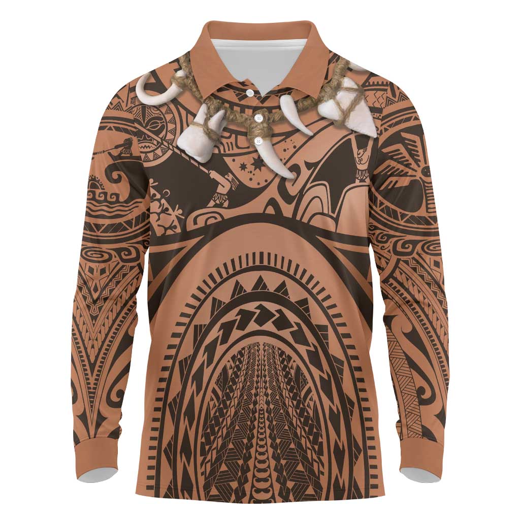 Polynesia Maui Tattoo Inspired Cosplay Costume Long Sleeve Polo Shirt LT05 Beige - Polynesian Pride