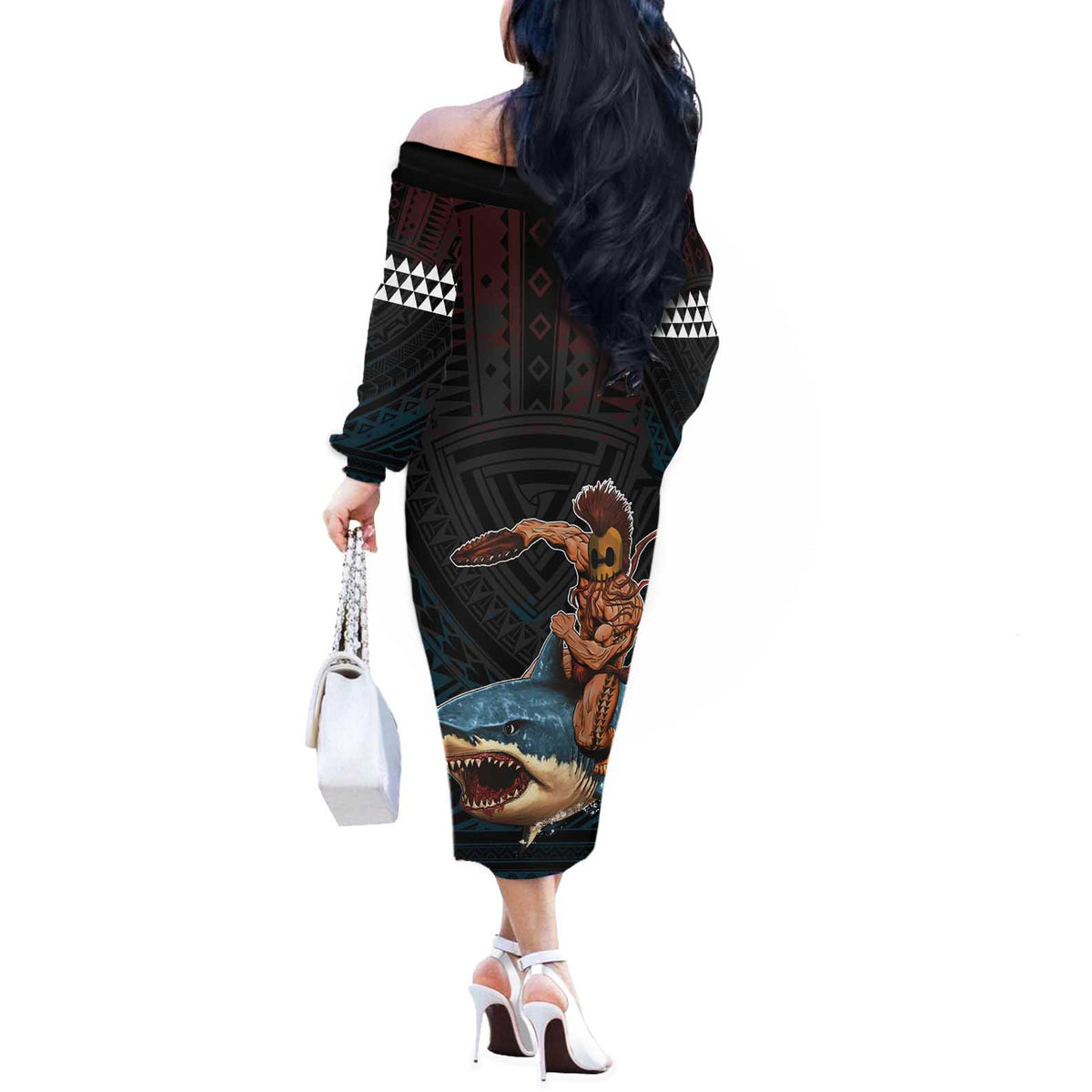 Hawaii Ikaika Off The Shoulder Long Sleeve Dress Hawaiian Mythic Koa Tribal Warrior