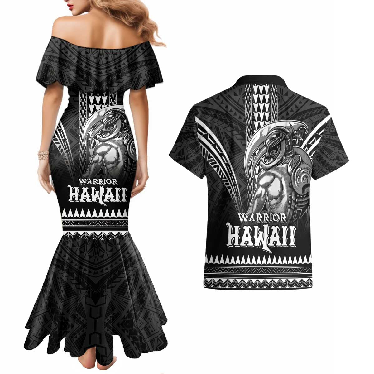 Hawaiian Ikaika Warrior Couples Matching Mermaid Dress and Hawaiian Shirt Tribal Pattern