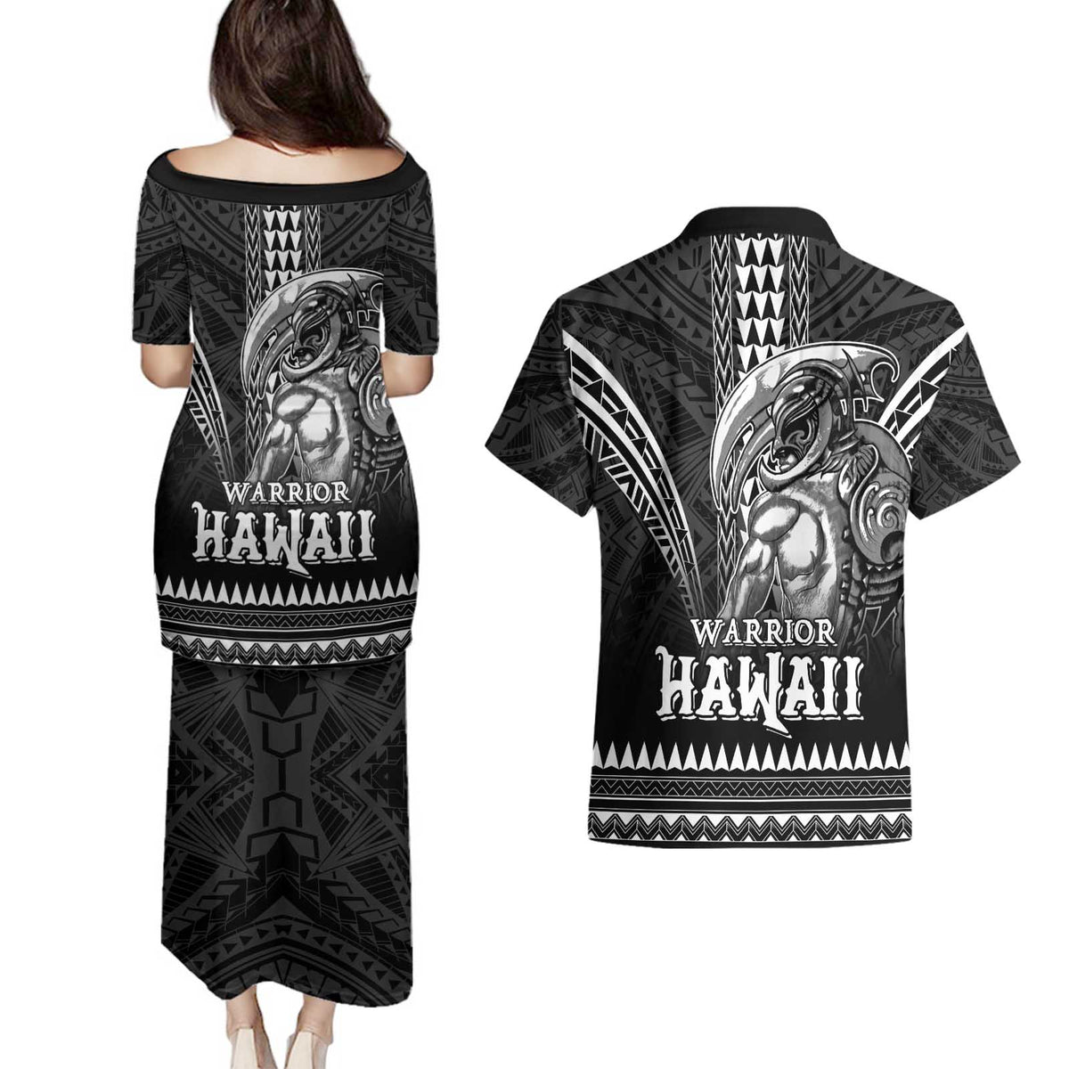 Hawaiian Ikaika Warrior Couples Matching Puletasi and Hawaiian Shirt Tribal Pattern