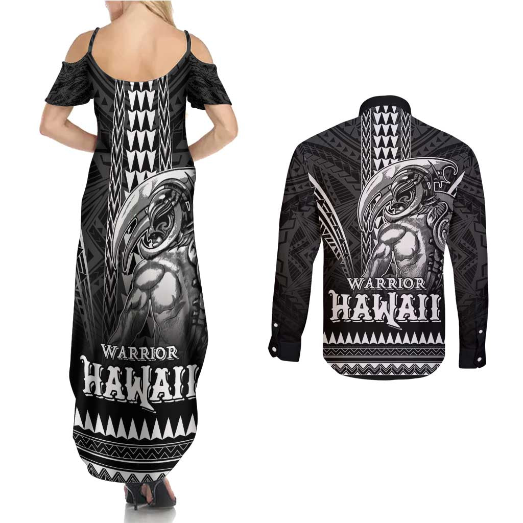 Hawaiian Ikaika Warrior Couples Matching Summer Maxi Dress and Long Sleeve Button Shirt Tribal Pattern
